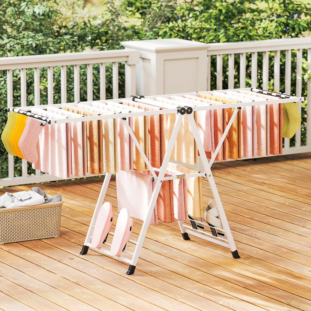 Tendedeira de Roupa Dobrável em Metal com Altura Ajustável 20 Barras de Secagem para Interior e Exterior 184 x 56 x 99 - 168 cm Branco