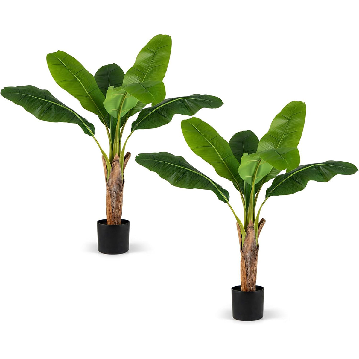 Conjunto de 2 Plantas Artificiais com Folhas de Plátano e Ramos Ajustáveis com Vaso Bananeira Falsa Decoração de Interior Sala