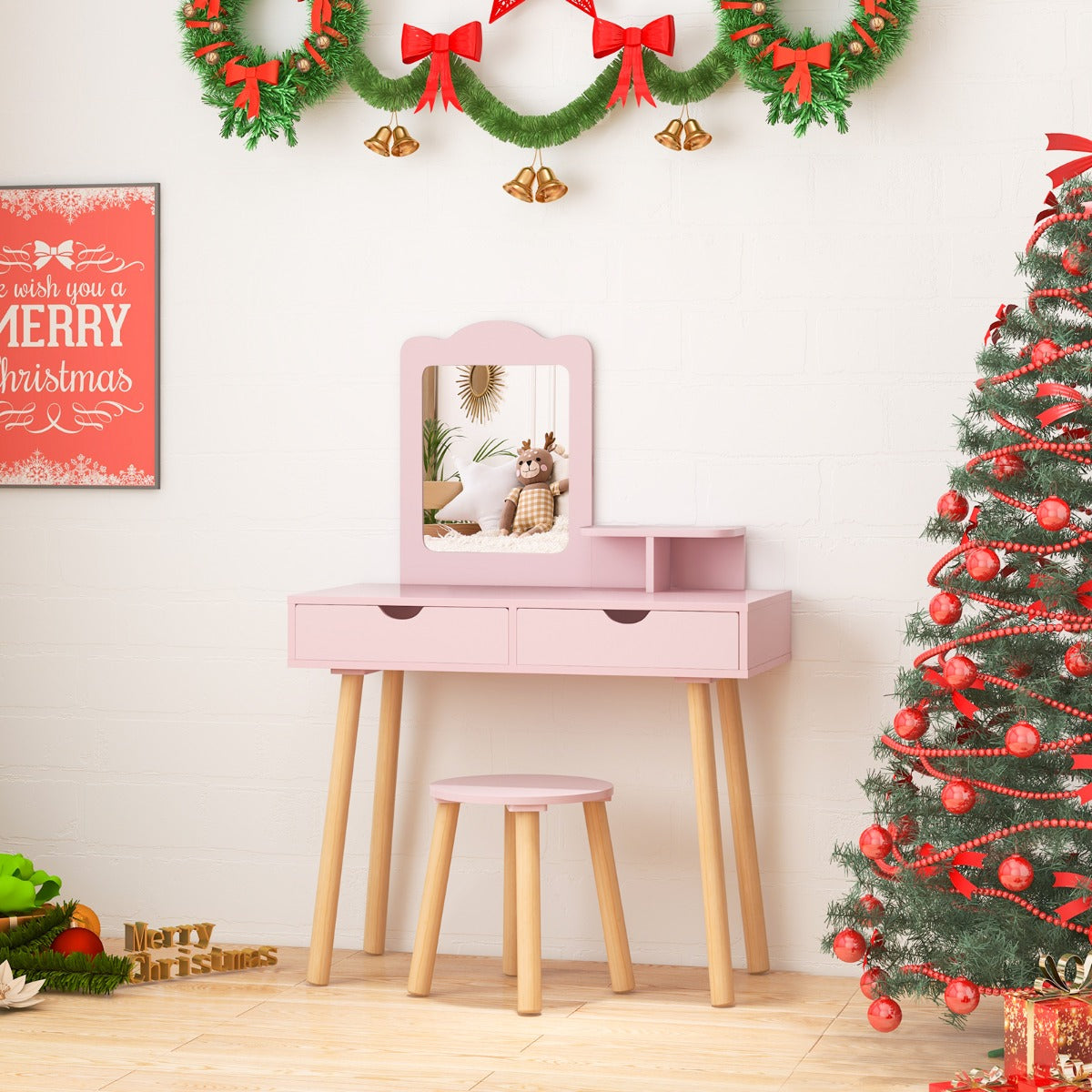 Toucador e Banqueta de Madeira para Crianças com Espelho Retangular e 2 Gavetas Grandes 70 x 34 x 100 cm – Rosa