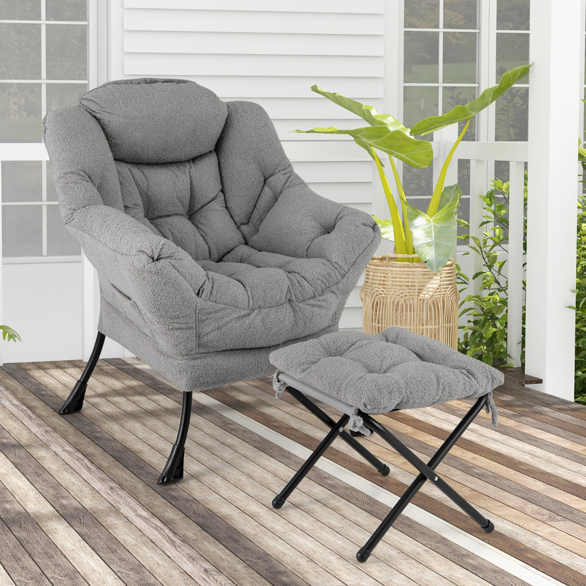 Sofá com Otomana – 80 x 74 x 97 cm – Cinzento – Sherpa, Metal, Algodão PP