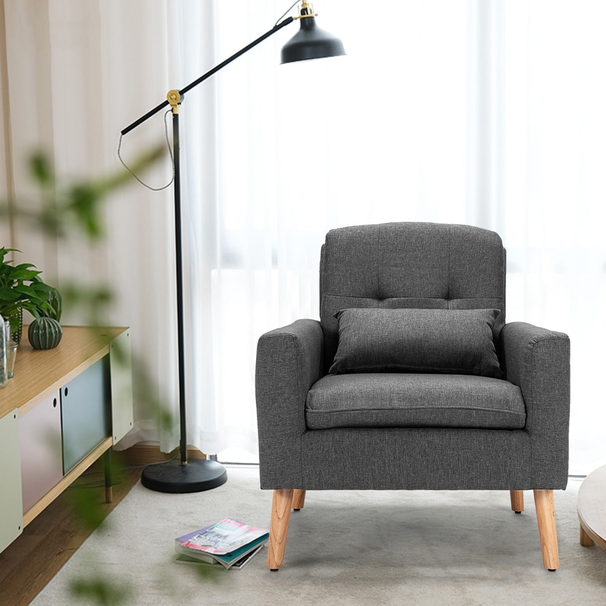 Sofá Moderno com Almofada Lombar – Cinzento – Madeira