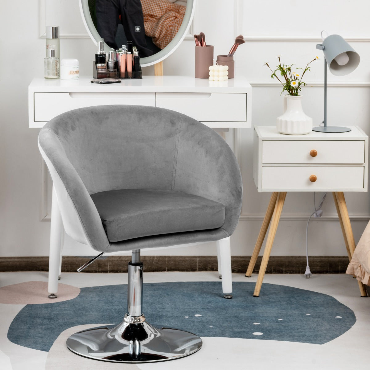 Banco de Bar de Veludo Giratório com Encosto Ajustável em Altura com Espuma Elástica 61 x 52 x 72-86 cm - Cinzento