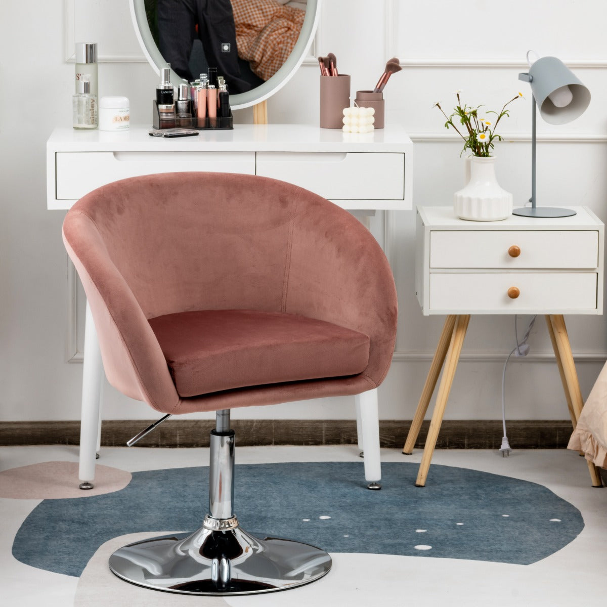 Banco de Bar de Veludo Giratório com Encosto Ajustável em Altura e Espuma Elástica 61 x 52 x 72-86 cm - Rosa