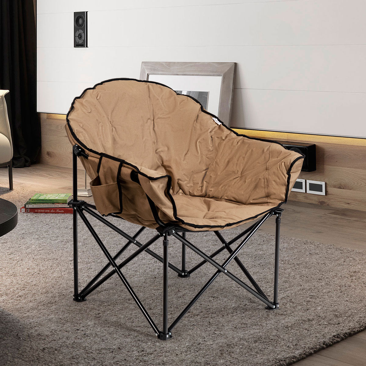 Cadeira Dobrável de Campismo com Almofada, Porta Copos e Bolsa de Transporte para Pesca Jardim Praia 62 x 62 x 90 cm - Castanho