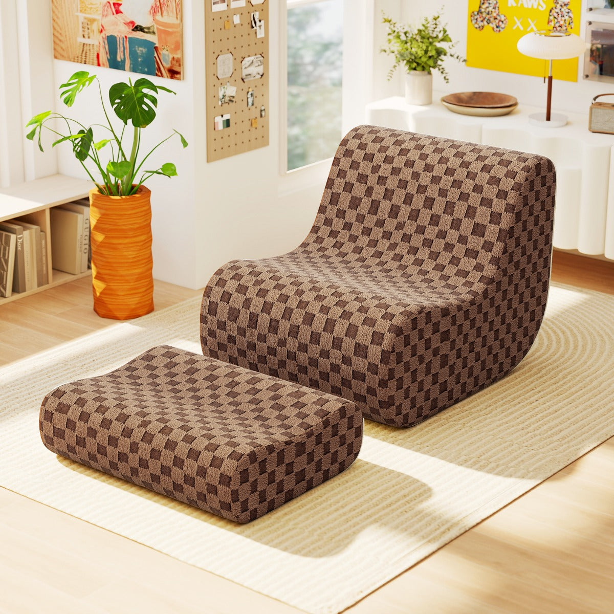 Poltrona Japonesa com Enchimento de Espuma de Uma Peça com Pufe e Base Antiderrapante para Sala de Estar Quarto 96 x 77 x 72 cm Castanho