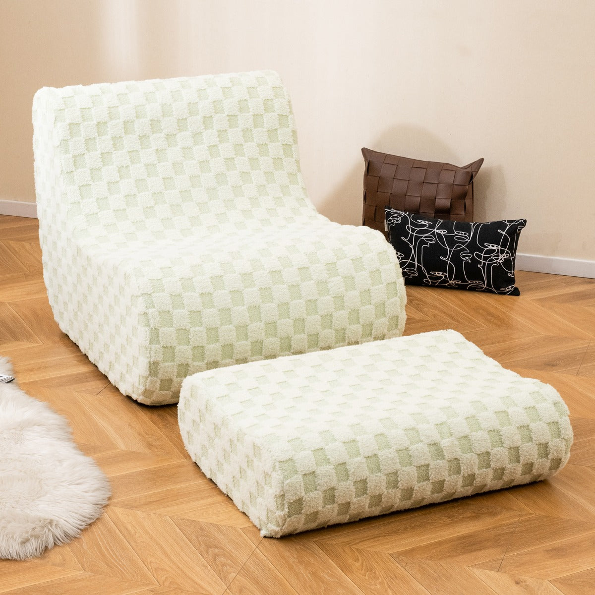 Poltrona Japonesa com Enchimento de Espuma de Uma Peça com Pufe e Base Antiderrapante para Sala de Estar Quarto 96 x 77 x 72 cm Verde