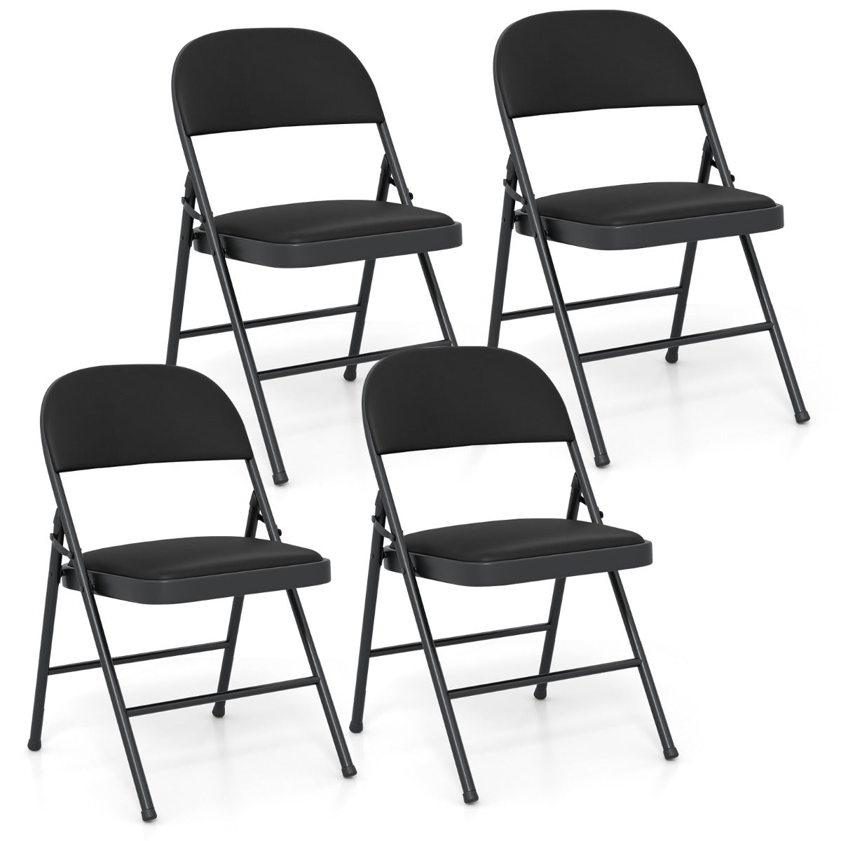 Conjunto de 4 Cadeiras Dobráveis com Estrutura Metálica Cadeira de Jardim Cadeira de Campismo em Pele Sintética Cadeiras de Jantar Acolchoadas Preto