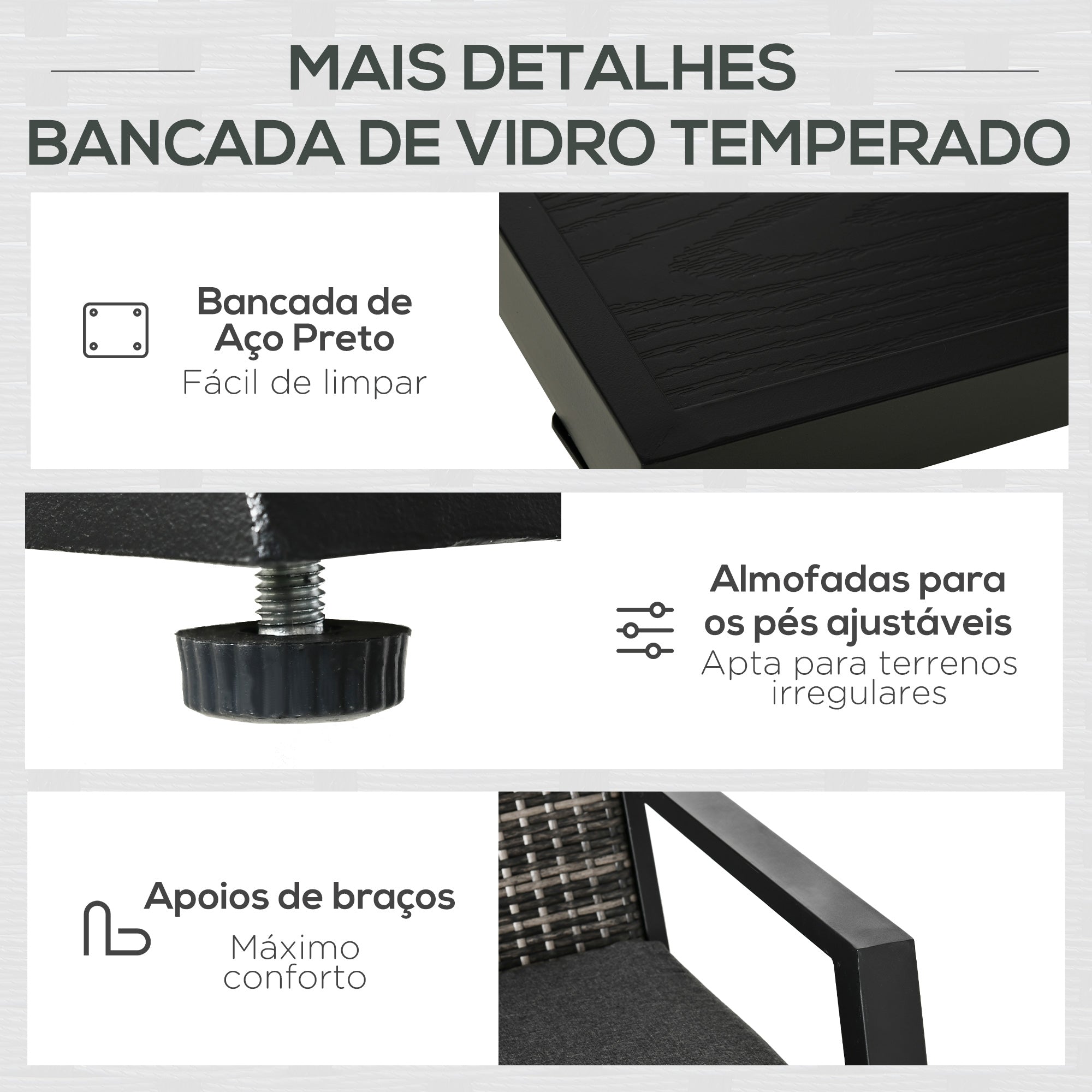 Conjunto de Móveis de Jardim – 124x86x75 cm – Preto e Cinza – Vime PE e Metal