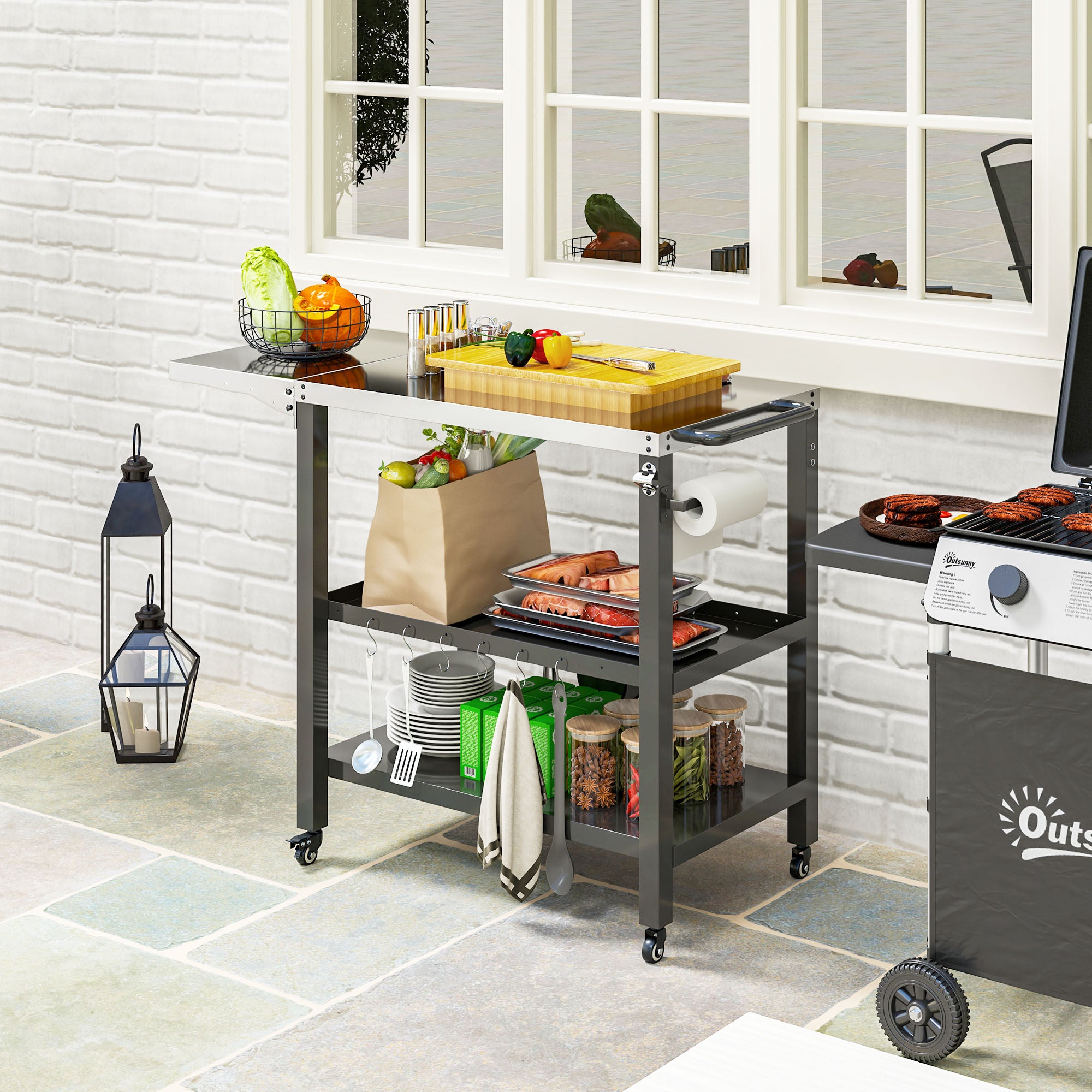Carrinho Auxiliar para Barbecue de 3 Níveis - Preto - 116x50x86 cm