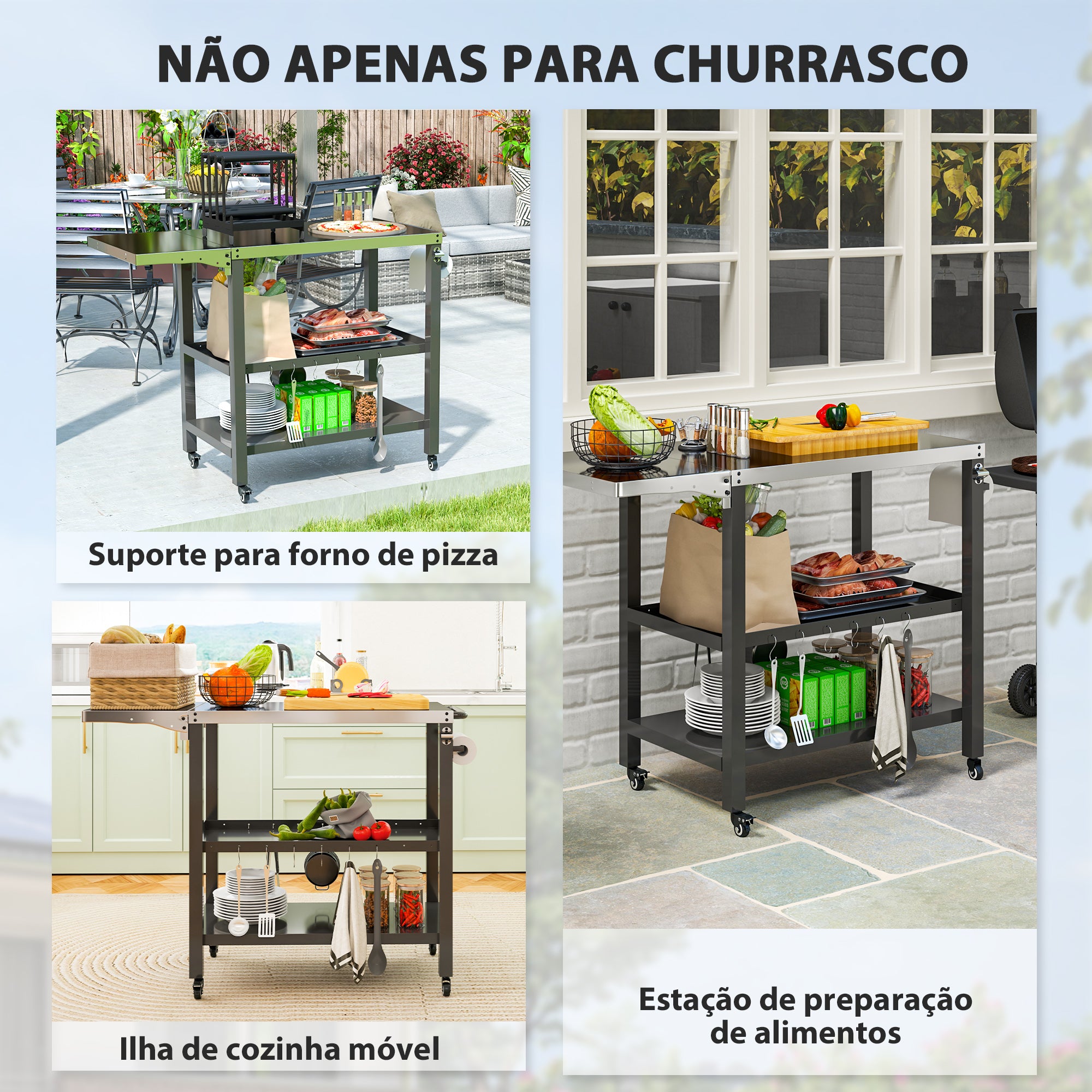 Carrinho Auxiliar para Barbecue de 3 Níveis - Preto - 116x50x86 cm