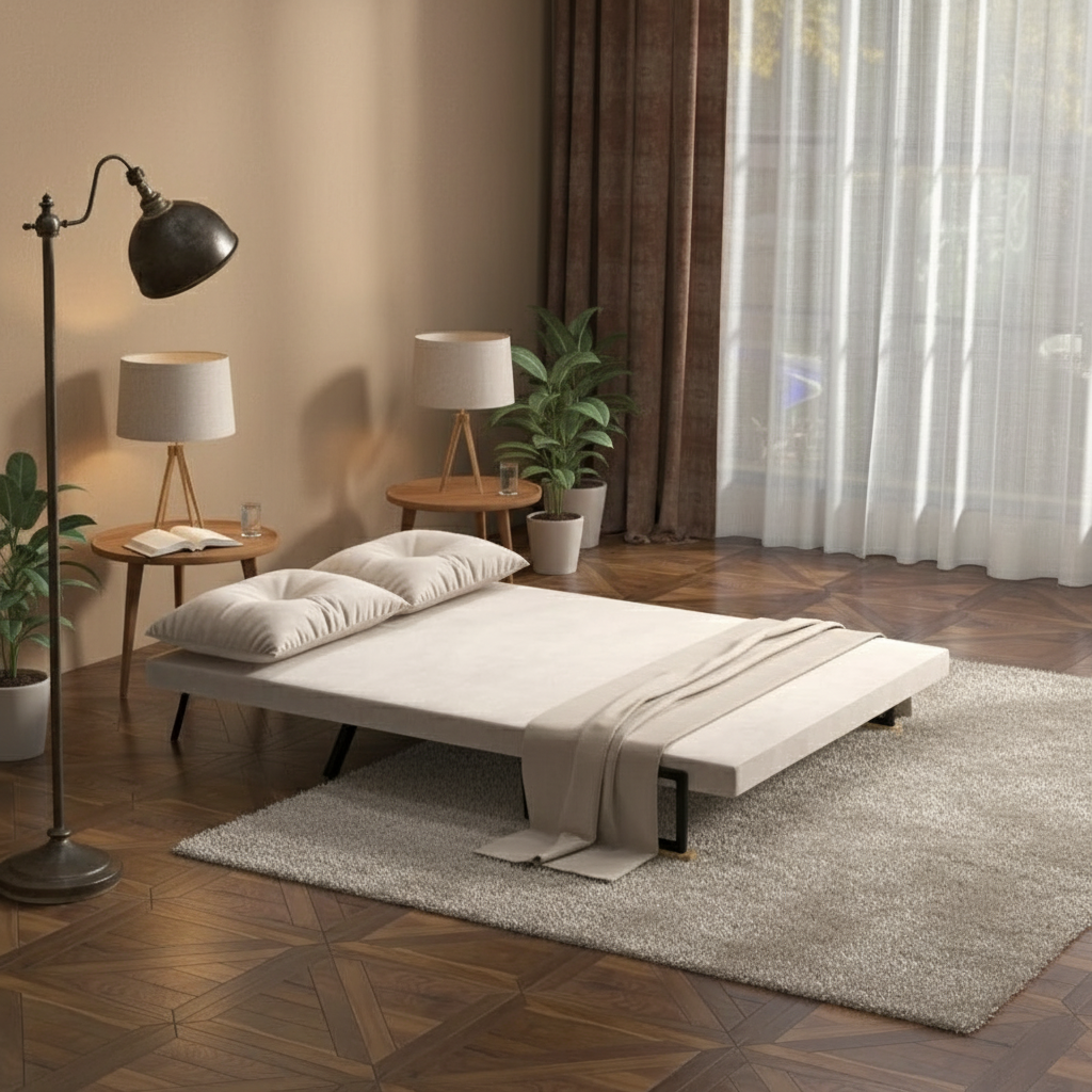 Sofá-cama simples convertido em ambiente suave