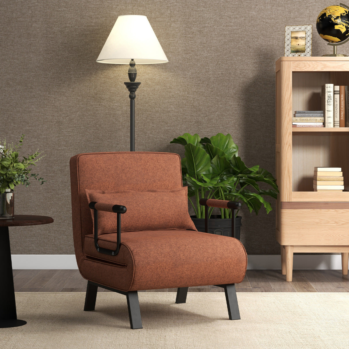 Sofá Cama Convertível Plegável Poltrona de Dormir Individual Encosto Ajustável Almofada Removível Estofada para Casa Escritório Café