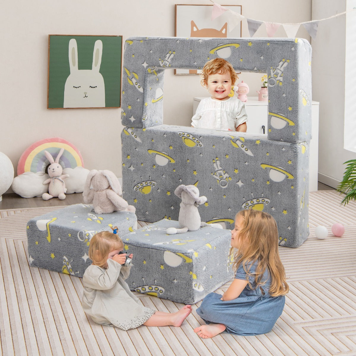 Sofá Infantil Dobrável com Otomanas – 107 x 52 x 41,5 cm – Cinzento – Material Têxtil
