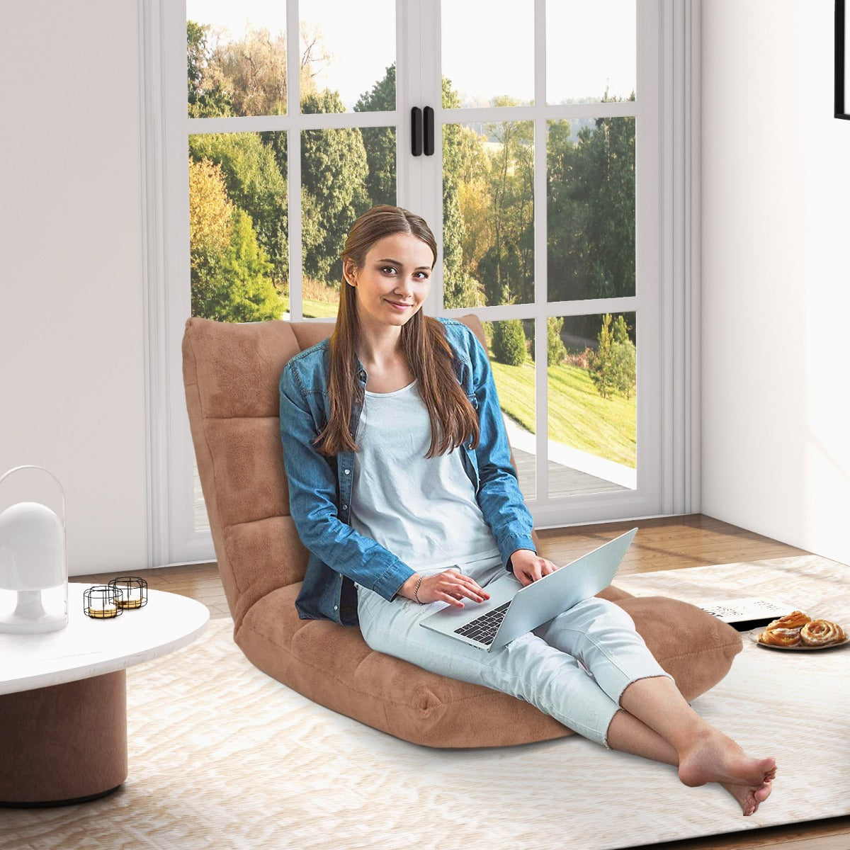 Sofá Preguiçoso Sofá Dobrável Encosto Ajustável 14 Posições Cadeira de Quarto Sala 105 x 56 x 15 cm Bege