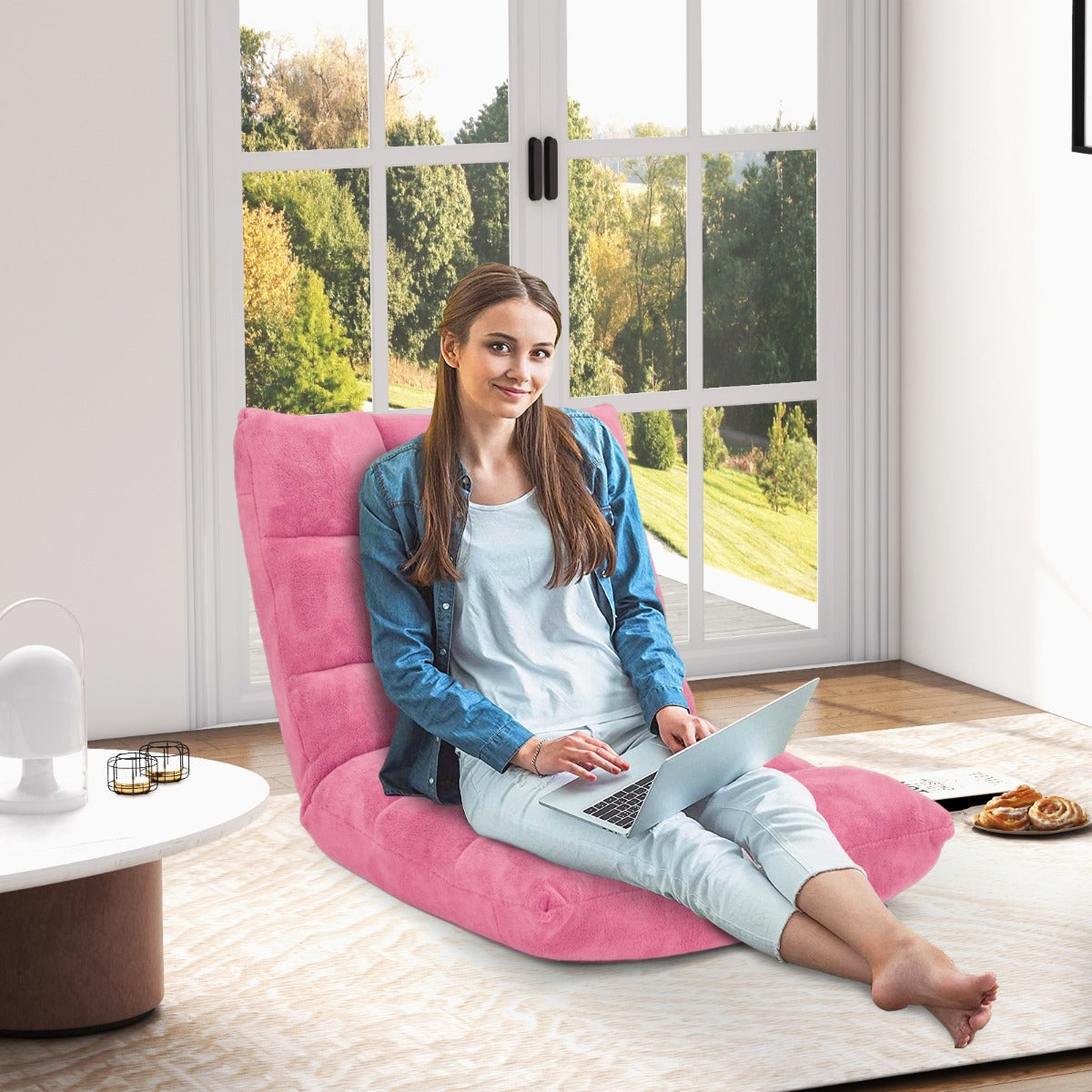 Sofá Preguiçoso Sofá Dobrável Encosto Ajustável 14 Posições Cadeira de Quarto Sala 105 x 56 x 15 cm Rosa