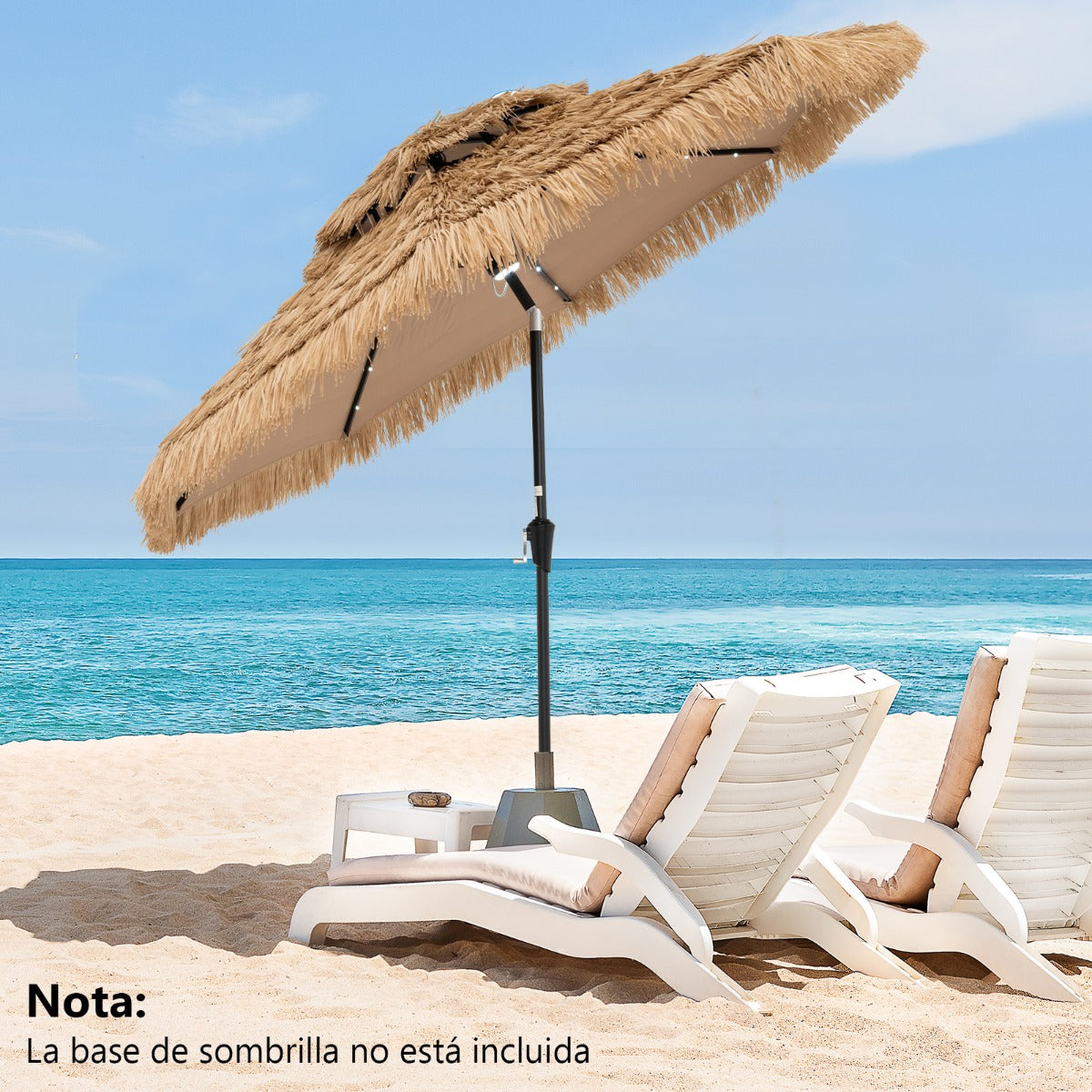 Guarda-Sol 256 cm de Estilo Havaiano com 8 Varetas 32 Luzes LED Manivela Manual Inclinação de 35°