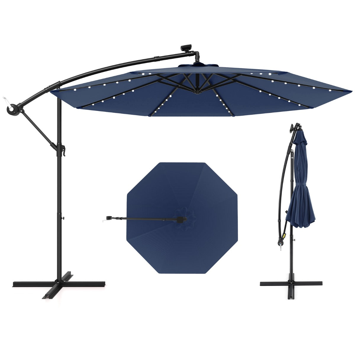 Guarda-Sol Colgante Solar com 40 Lâmpadas LED Painel Solar Ajustável Base Cruzada Iluminada - Azul Marinho
