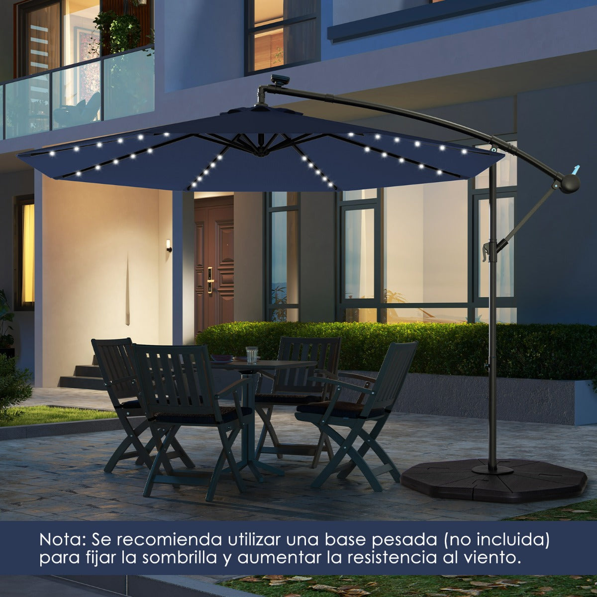 Guarda-Sol Colgante Solar com 40 Lâmpadas LED Painel Solar Ajustável Base Cruzada Iluminada - Azul Marinho