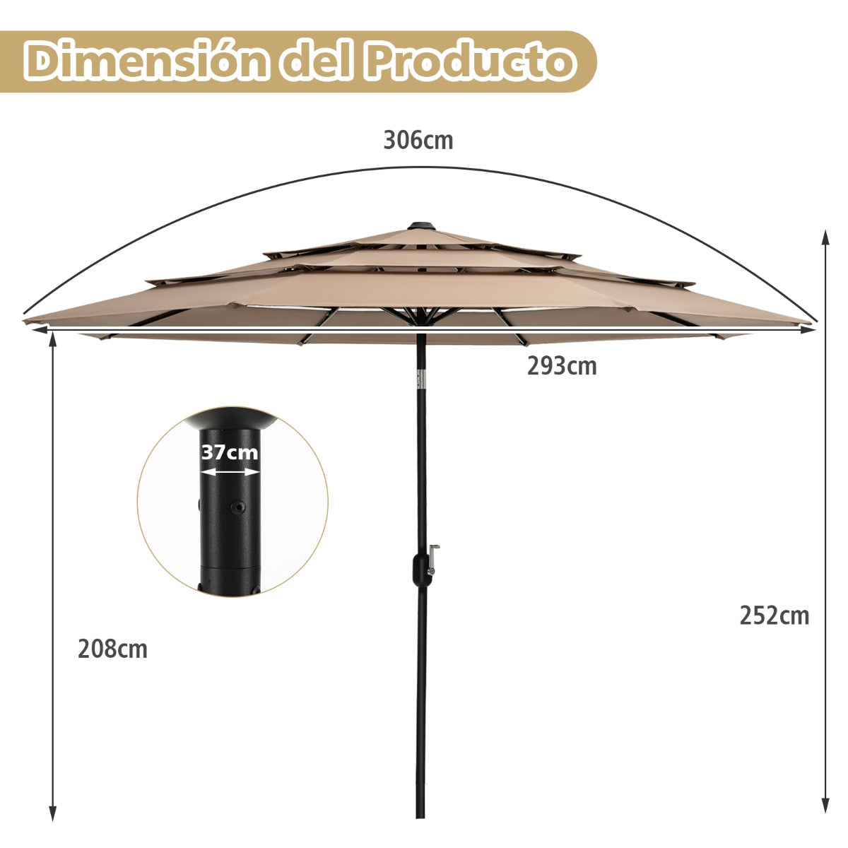 Guarda-Sol de 3 Capas – 3 m – Café – Tecido de poliéster