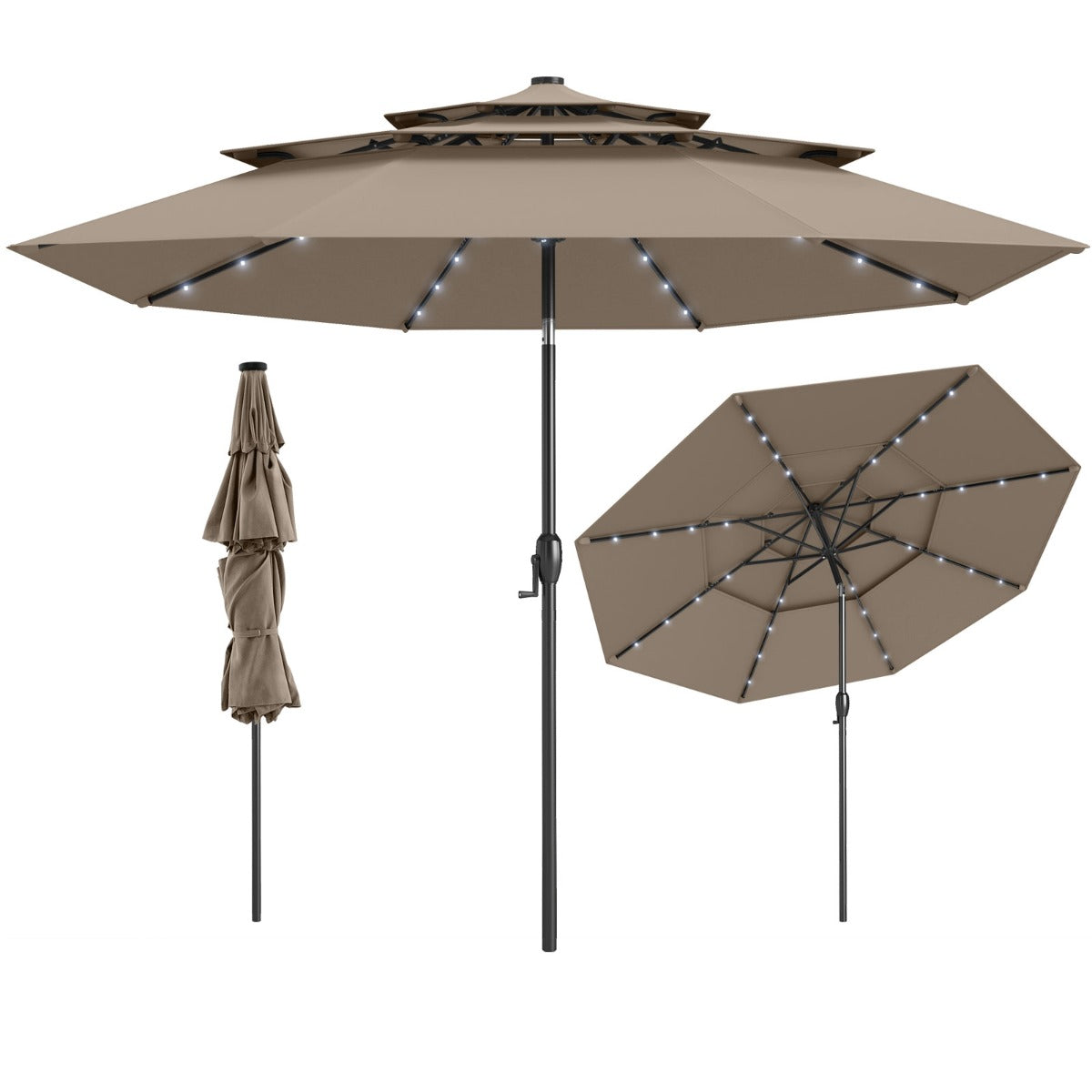 Guarda-Sol para Pátio de 313 cm com 32 Luzes LED Teto Ventilado de 3 Níveis Ajuste de Inclinação - Castanho