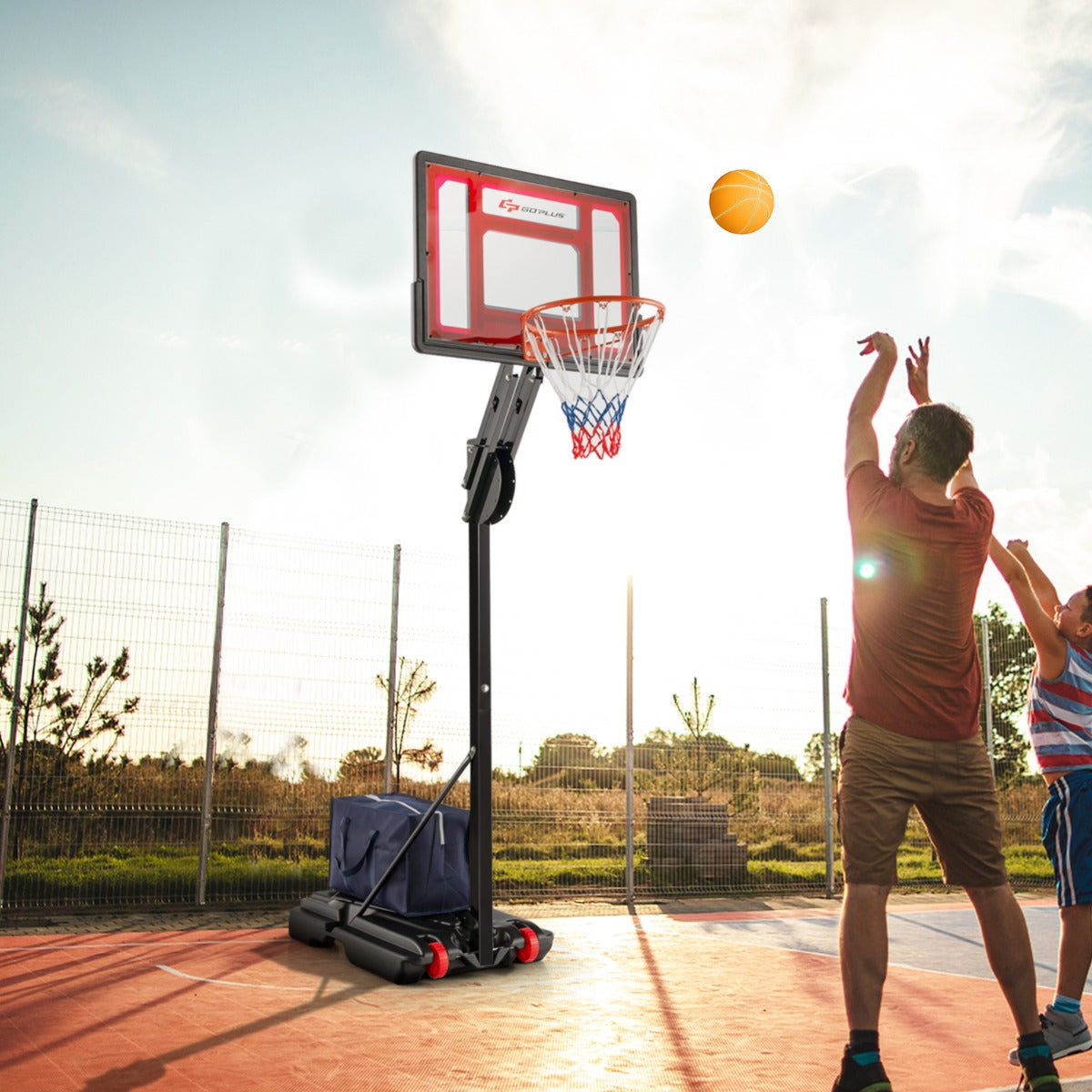 Aro de Basquetebol Portátil Todo o Clima com Suporte de Cesta Ajustável em 10 Alturas Vermelho e Preto