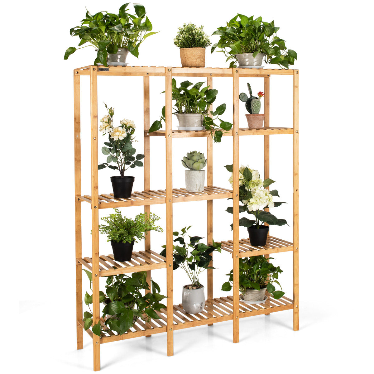 Estante de Plantas de Bambú de 5 Níveis para 12 Vasos - Organizador para Jardim e Balcão