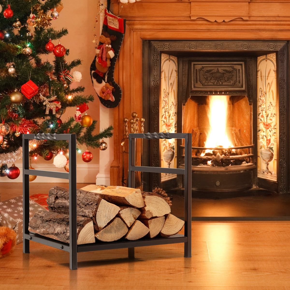 Suporte para Lenha de Alta Resistência com Pés Elevados para Lareira Fácil de Montar 40 x 34 x 36 cm Preto