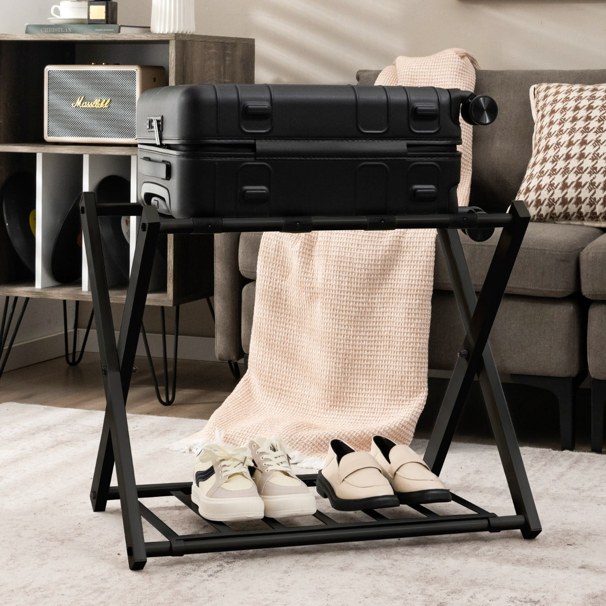 Estante Dobrável para Bagageira Suporte em Metal para Malas Até 60kg com 4 Correias Estáveis e Design de 2 Pisos para Casa Hotel Preto
