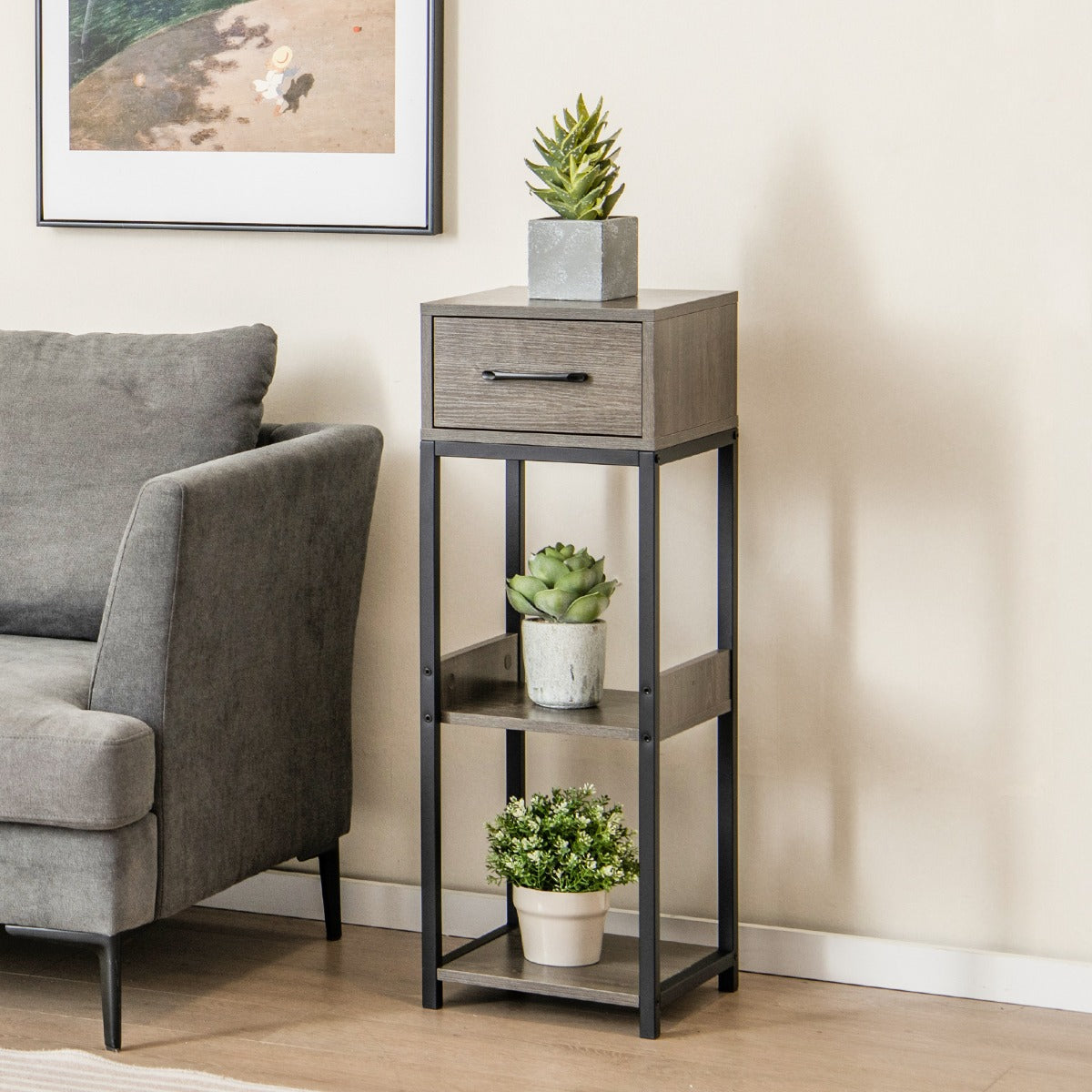 Estante para Plantas de 3 Níveis – 30,5 x 30,5 x 92 cm – Cinzenta – Metal