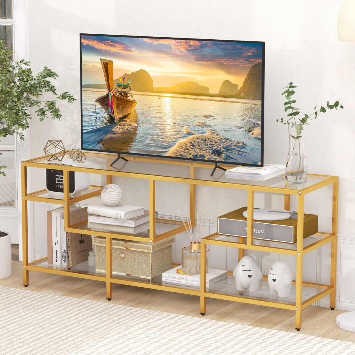 Suporte para TV até 65‘’ Mesa de TV Retangular de 147 cm com Prateleiras de Vidro Temperado Centro de Entretenimento para Sala Dourado