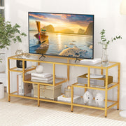 Suporte para TV até 65‘’ Mesa de TV Retangular de 147 cm com Prateleiras de Vidro Temperado Centro de Entretenimento para Sala Dourado