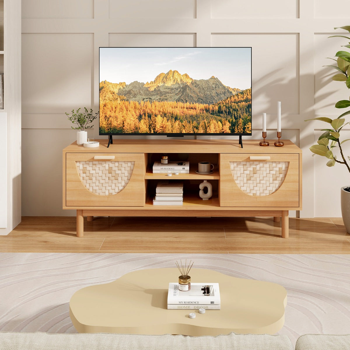 Móvel de TV – 55 polegadas – Natural – Bambu e Madeira Maciça