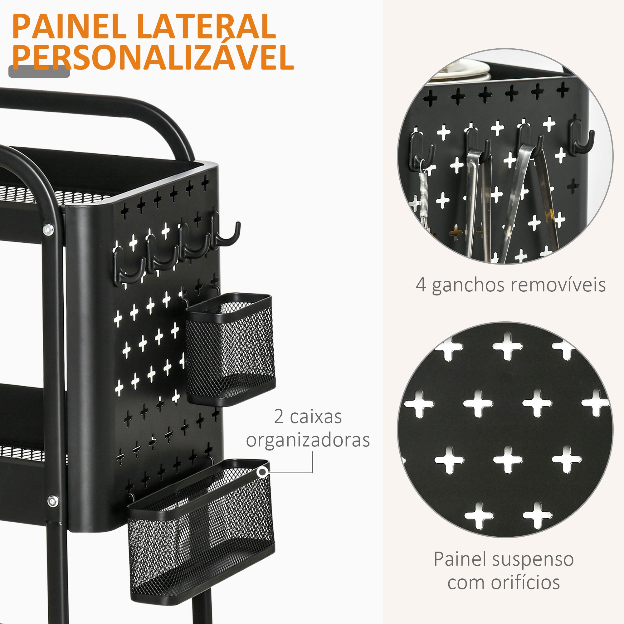 Carrinho de Cozinha – 51,5x32x75,6cm – Preto – Aço e Plástico PP