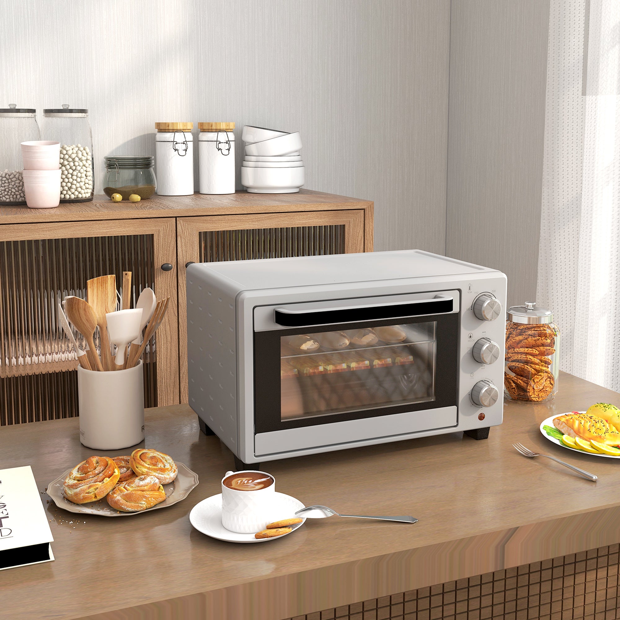 Mini Forno Elétrico – 21L – Prata – Metal, aço inoxidável, vidro temperado