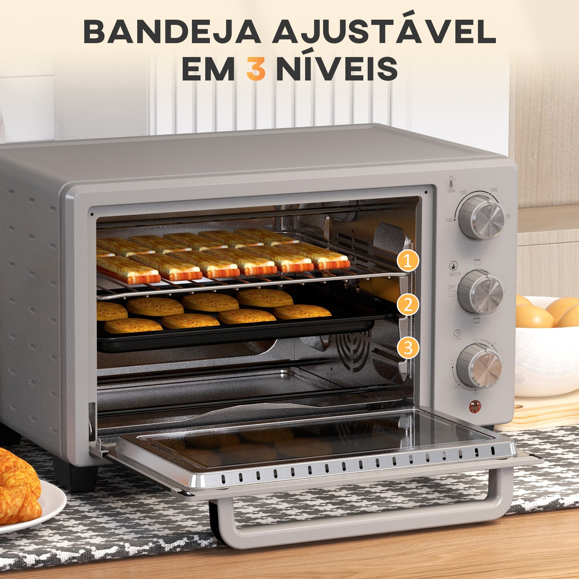 Mini Forno Elétrico – 21L – Prata – Metal, aço inoxidável, vidro temperado