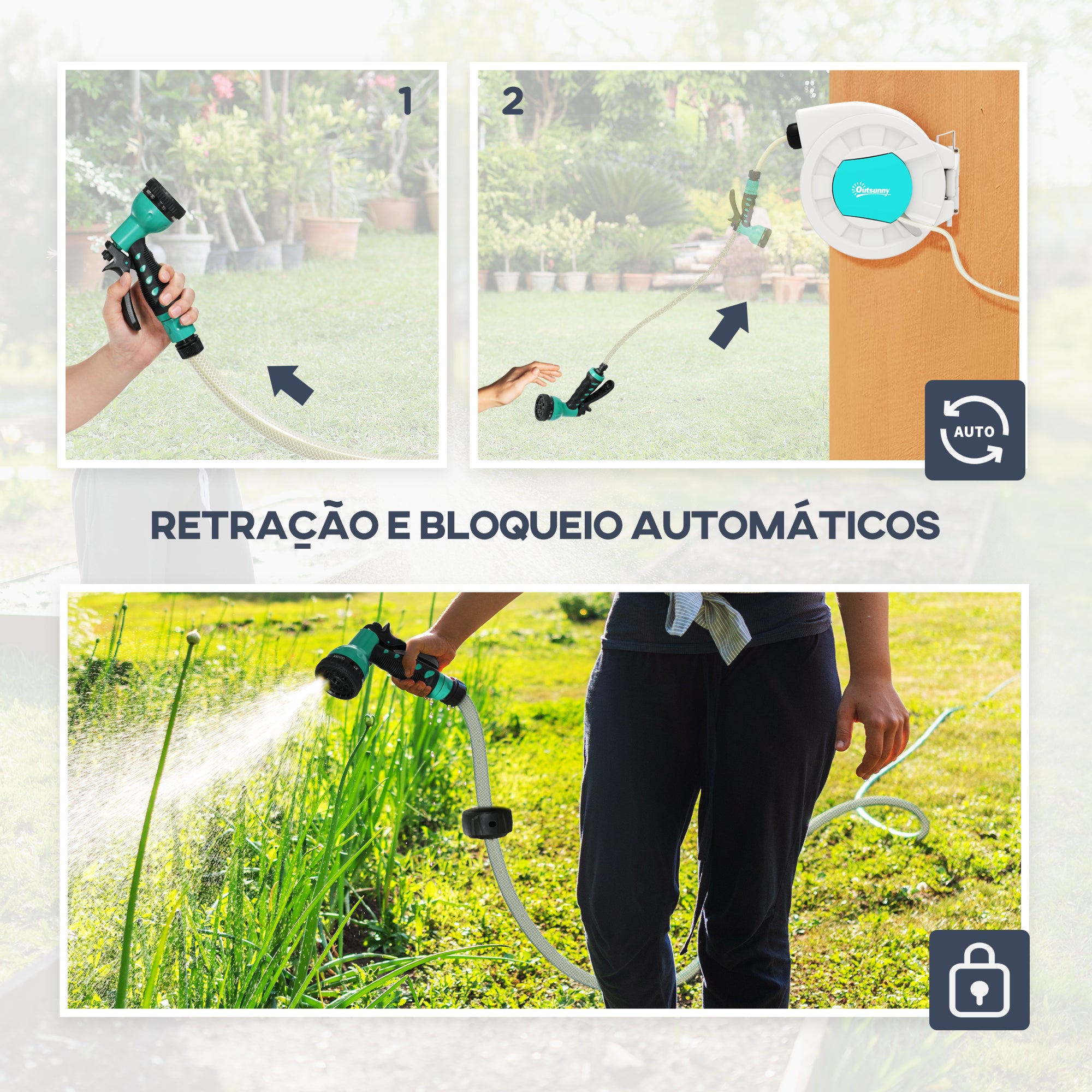 Carretel de Mangueira Retrátil – 20+2m – Cinzento – Plástico