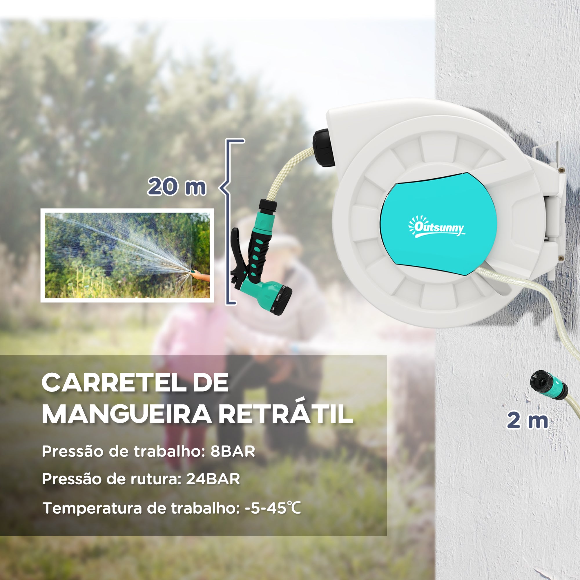 Carretel de Mangueira Retrátil – 20+2m – Cinzento – Plástico