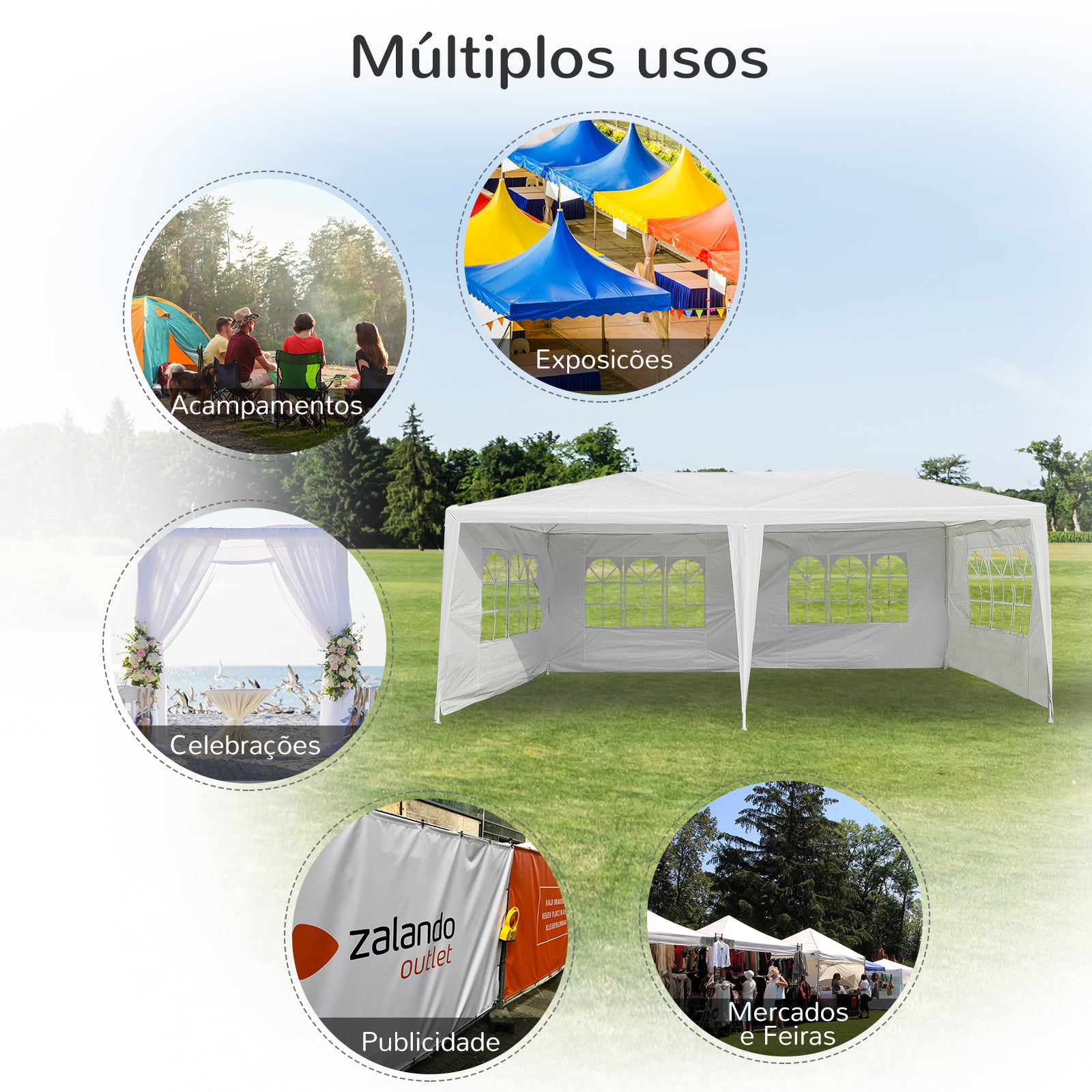 Tenda de Jardim 583x293x250cm com Paredes Removíveis - Cor Branco
