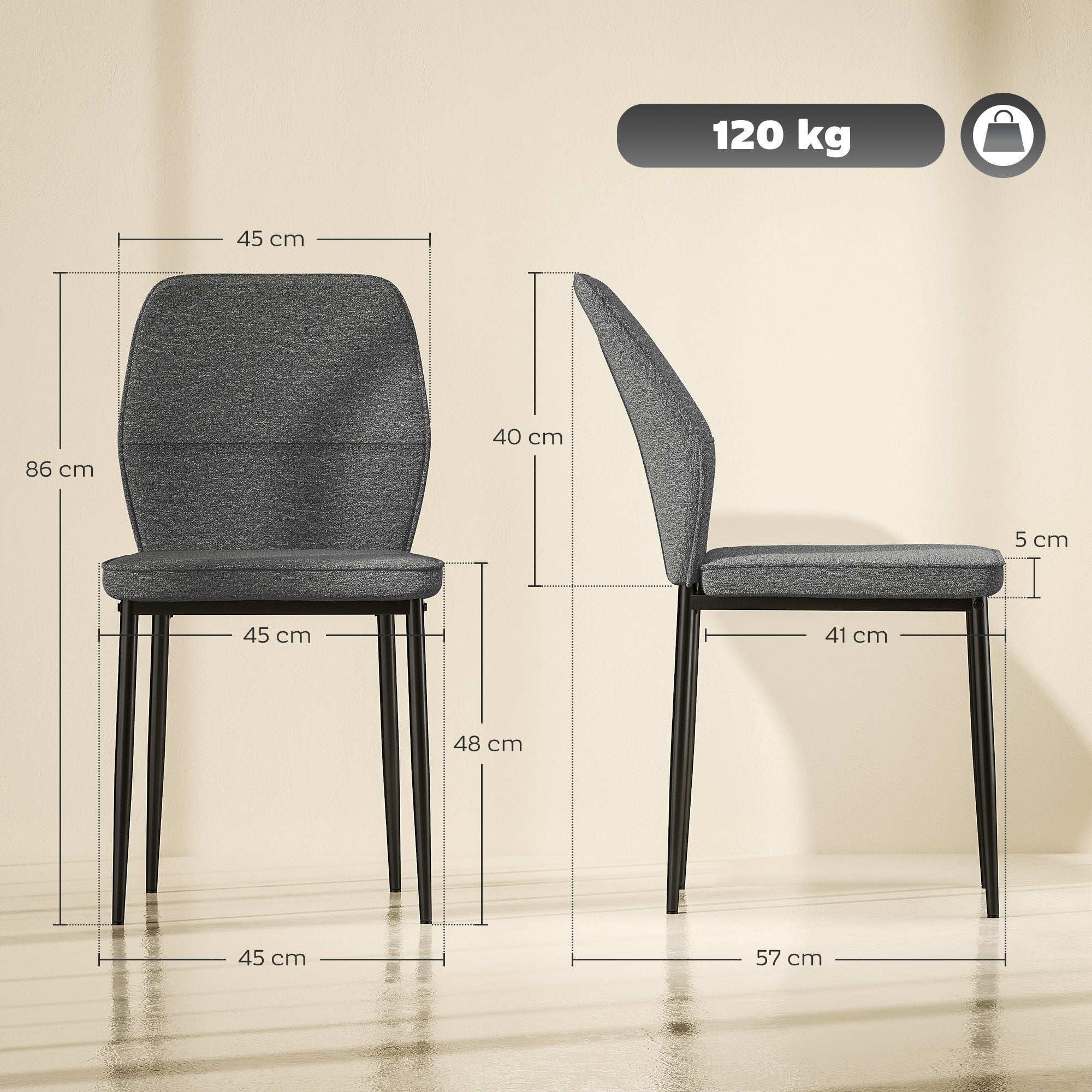 Conjunto de 2 Cadeiras de Jantar Modernas 45x57x86 cm Cinzento