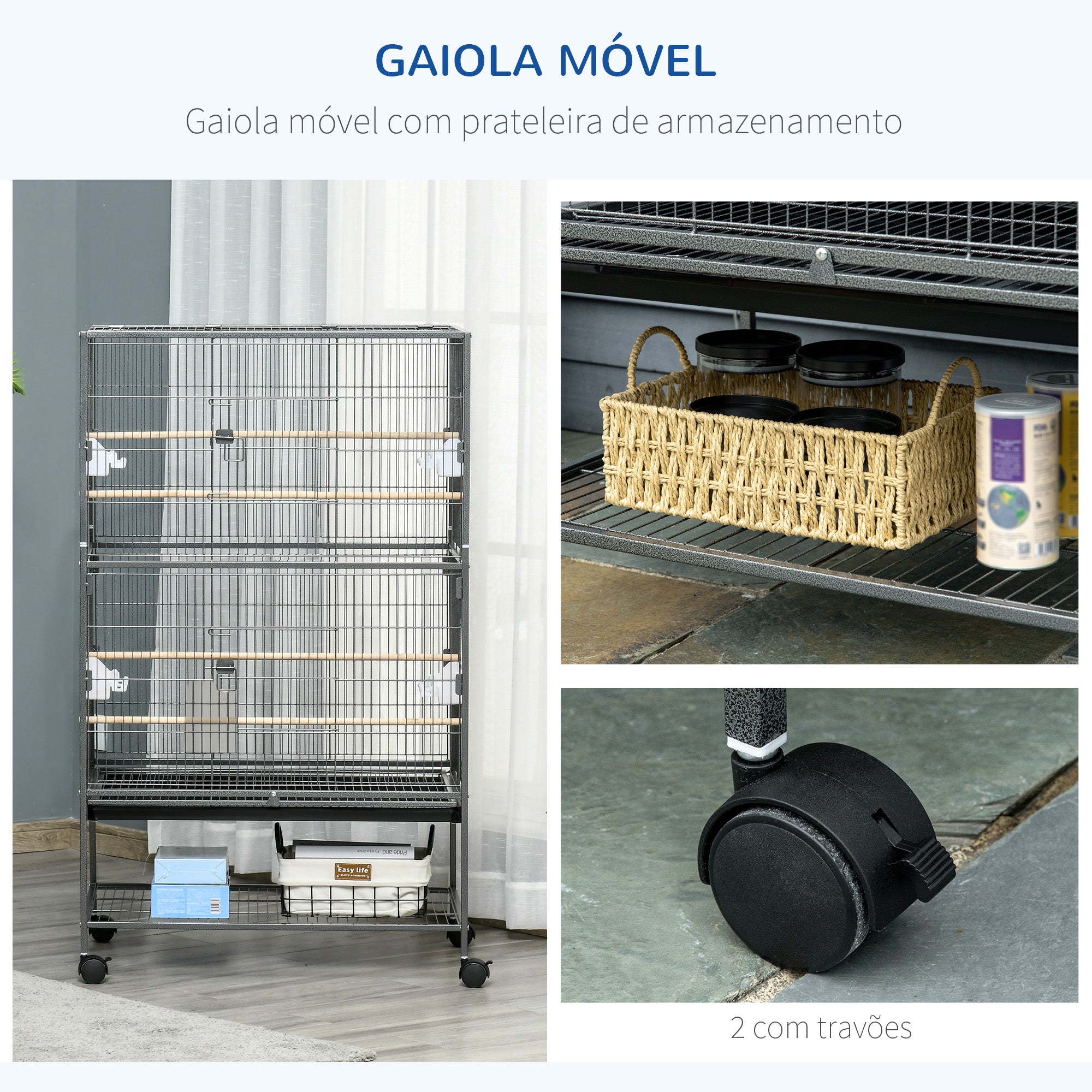 Gaiola para Pássaros 78x52x132 cm Cinzento - Espaçosa e Móvel