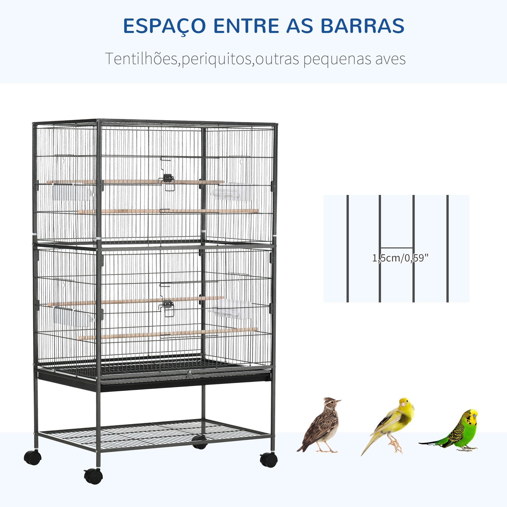 Gaiola para Pássaros 78x52x132 cm Cinzento - Espaçosa e Móvel