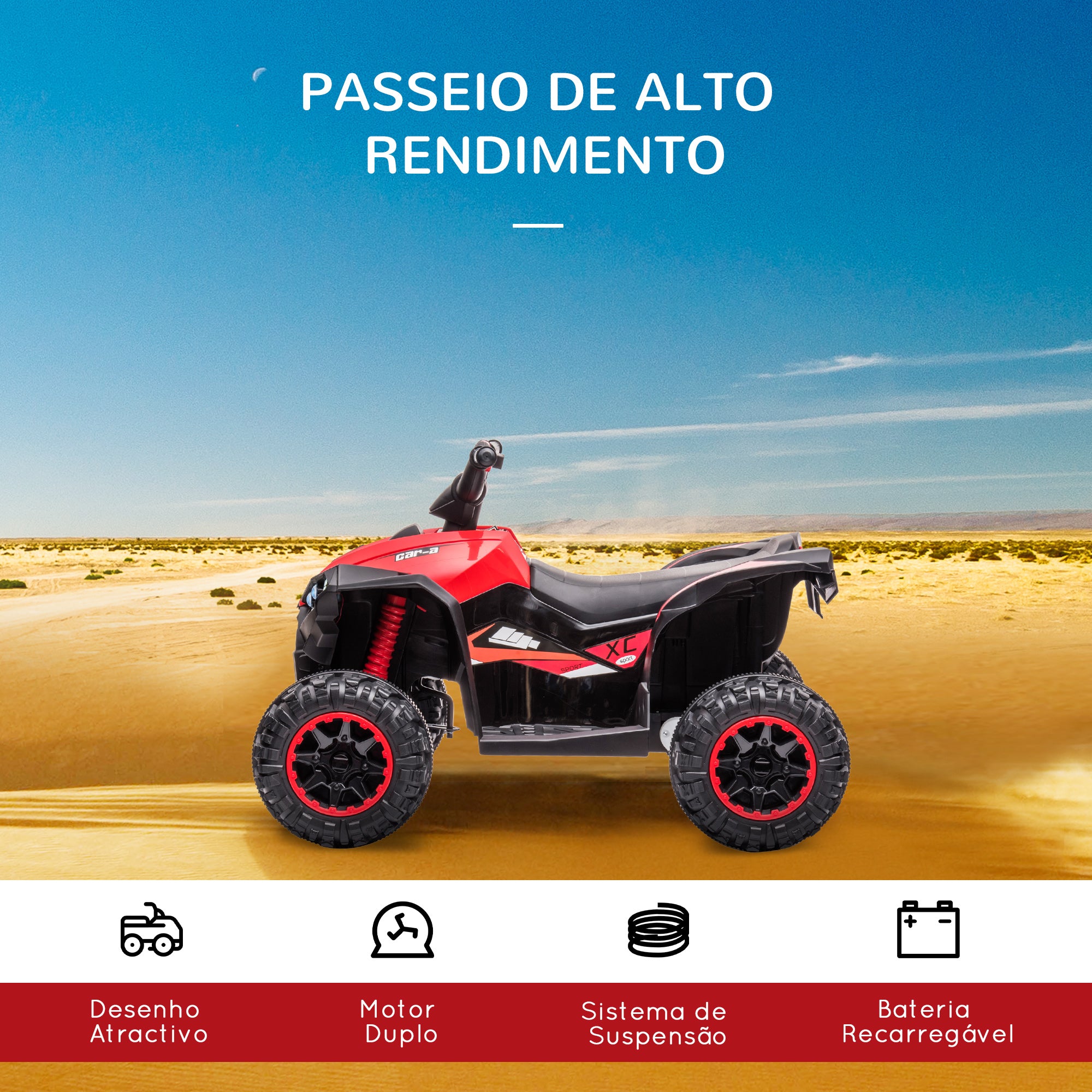 Quadriciclo Elétrico Infantil – 83x53x55.5cm – Vermelho – PP e Metal