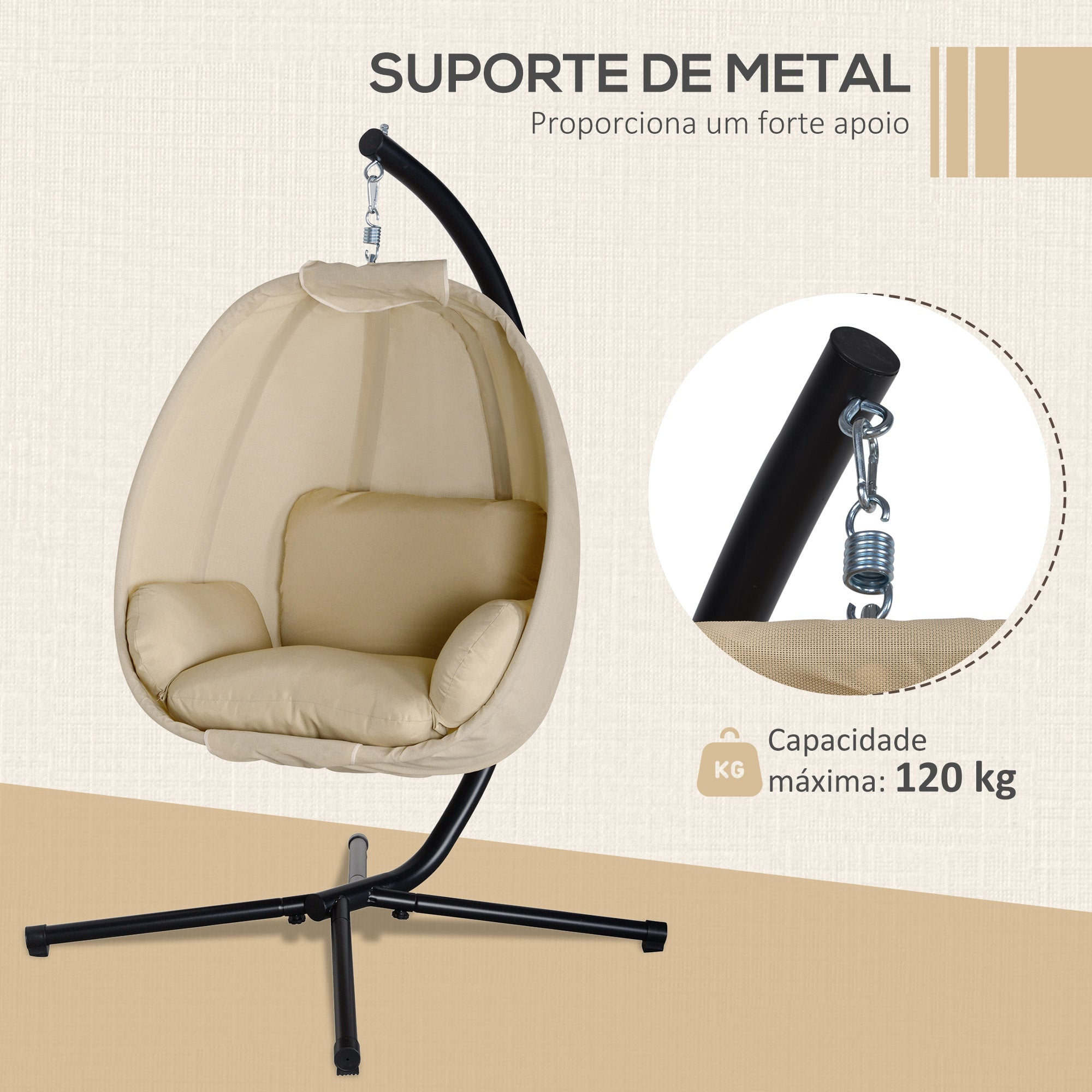Cadeira Suspensa Tipo Ovo Cáqui 125x95x170 cm