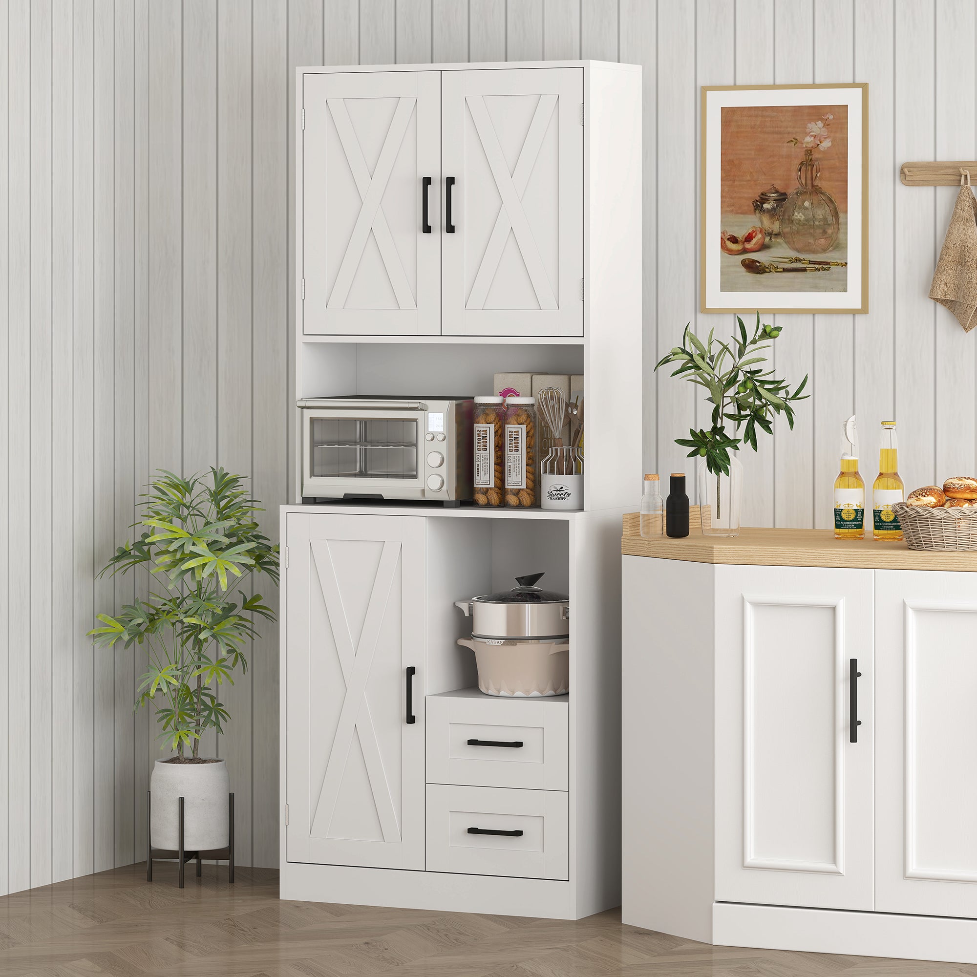 Armário de Cozinha Rústico – 70x40x180 cm – Branco – Melamina de madeira