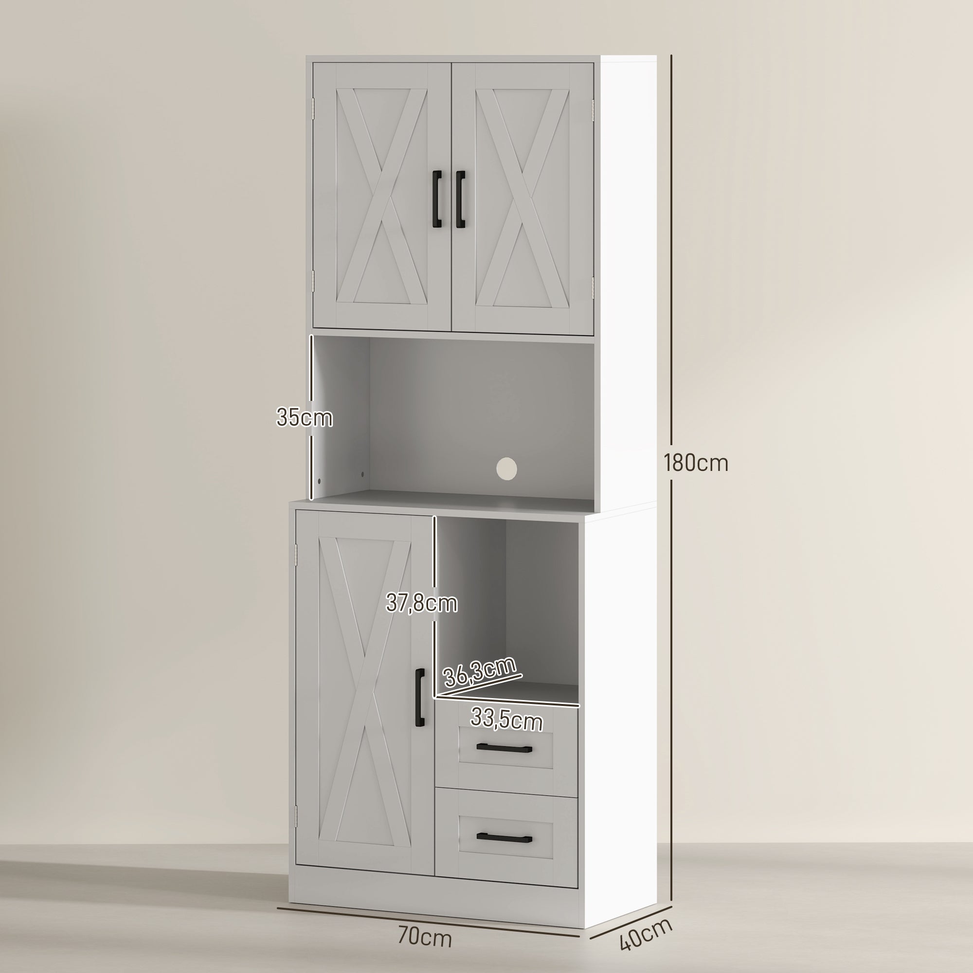 Armário de Cozinha Rústico – 70x40x180 cm – Branco – Melamina de madeira