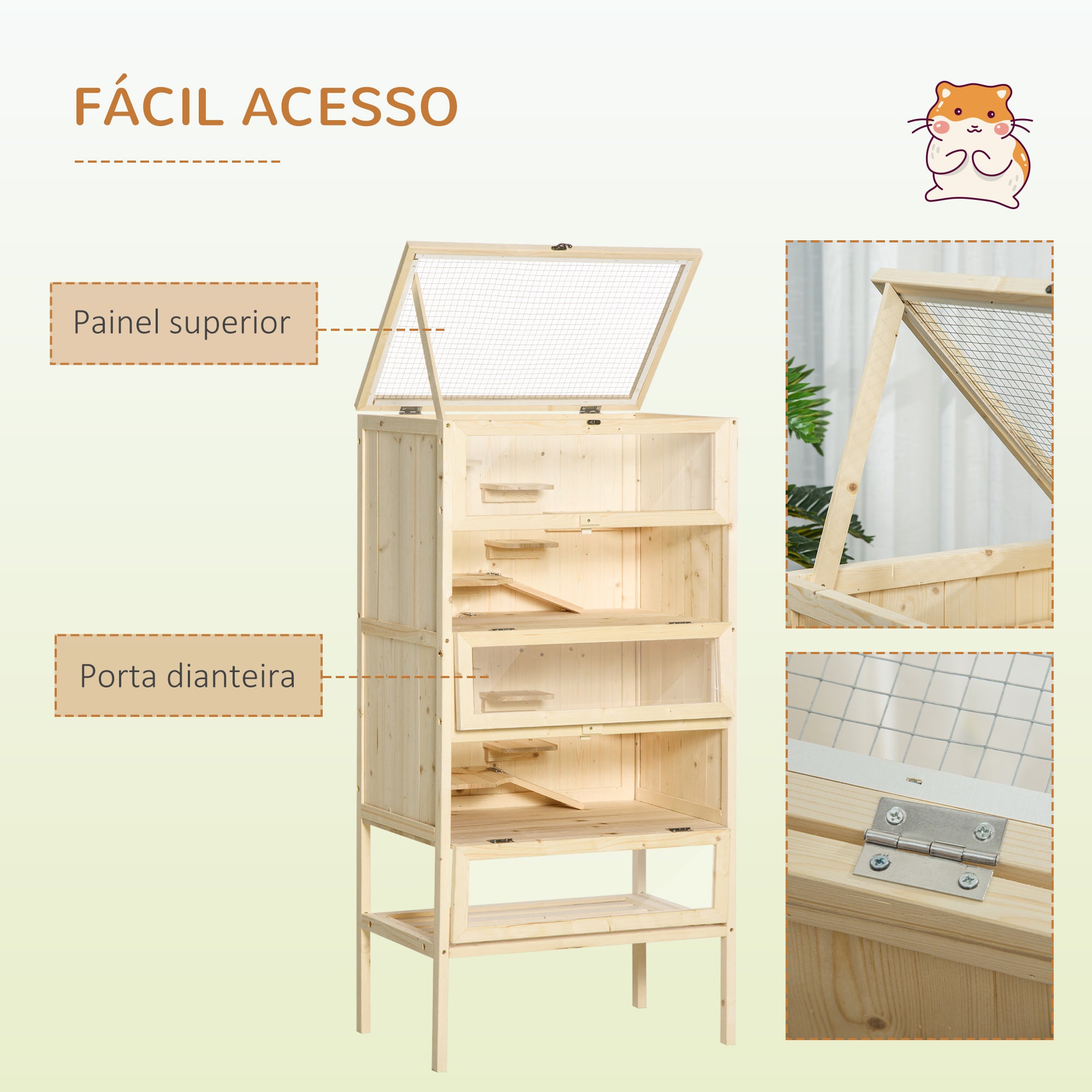Gaiola de Madeira para Pequenos Roedores 60x40x120cm - Cor Madera Natural