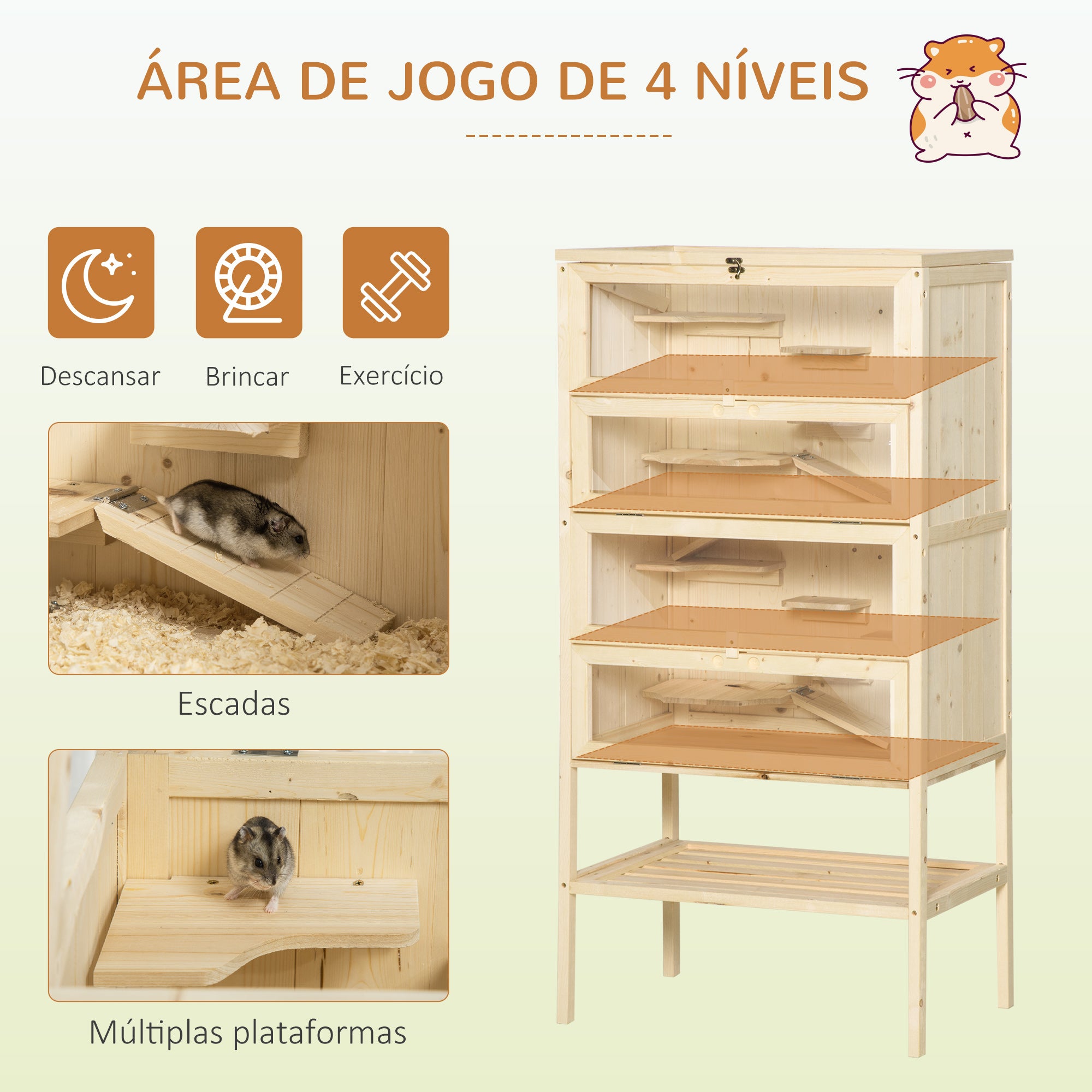 Gaiola de Madeira para Pequenos Roedores 60x40x120cm - Cor Madera Natural
