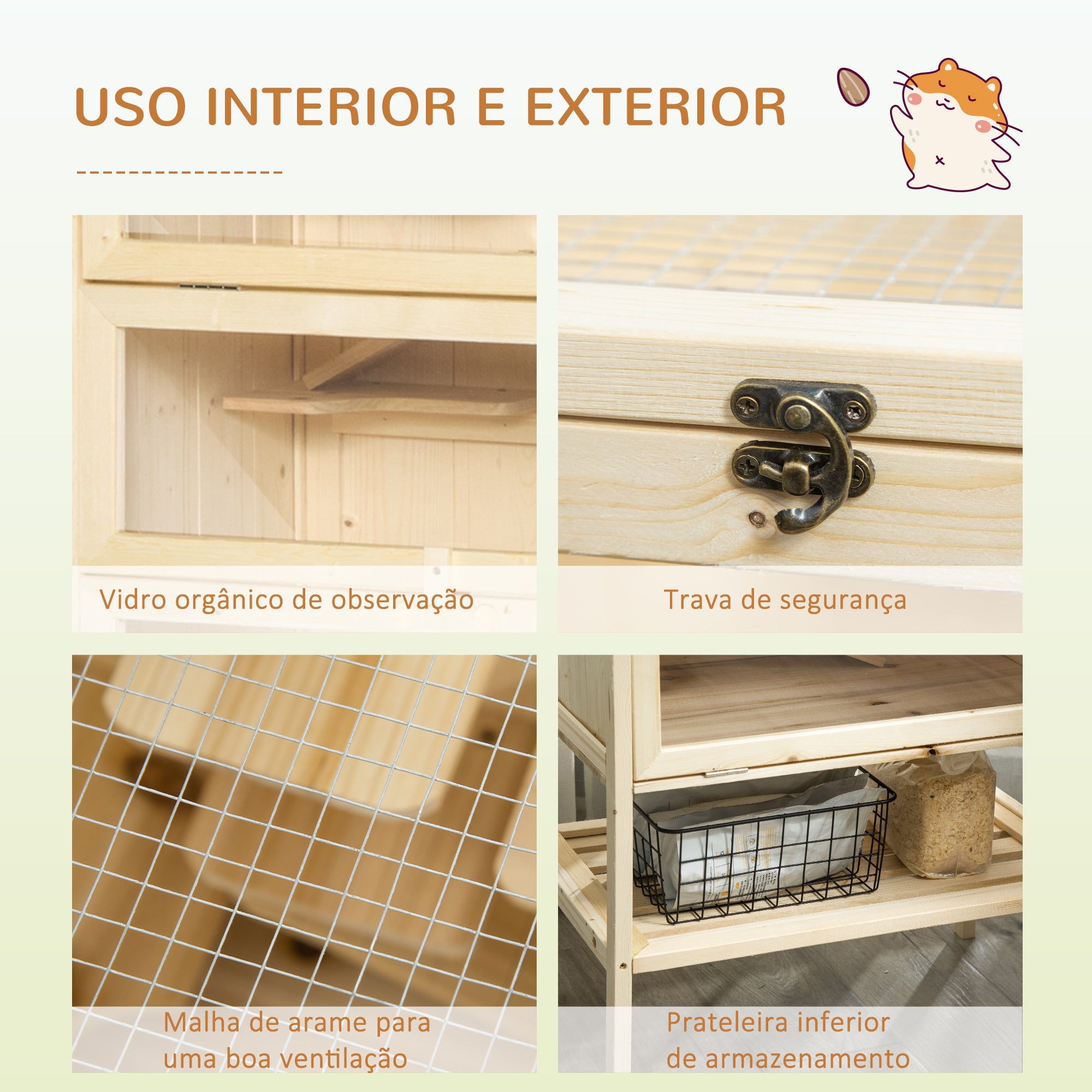 Gaiola de Madeira para Pequenos Roedores 60x40x120cm - Cor Madera Natural