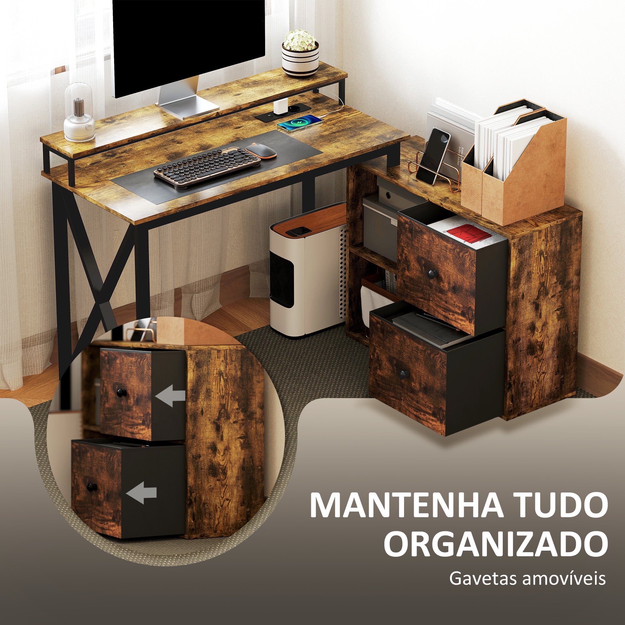 Secretária de Canto com Luzes LED 130x110x91 cm - Castanho Rústico
