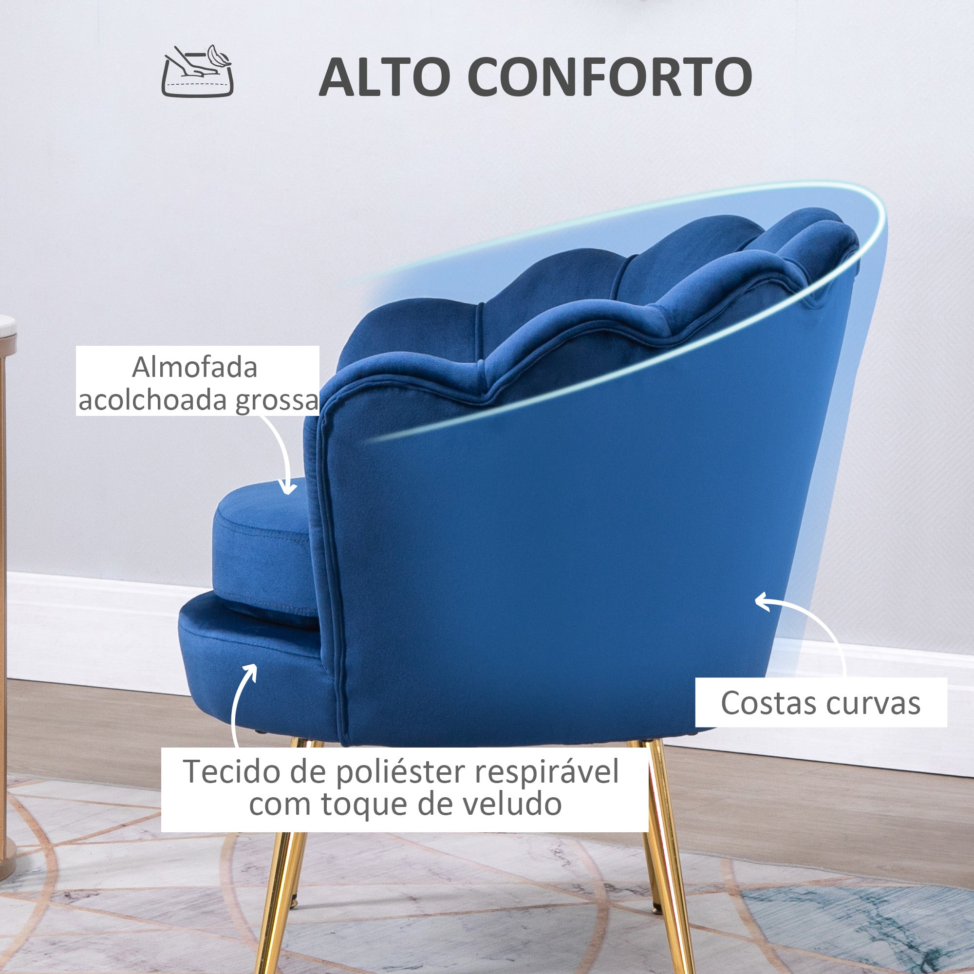 Poltrona Estofada em Veludo Azul 76x67x74 cm